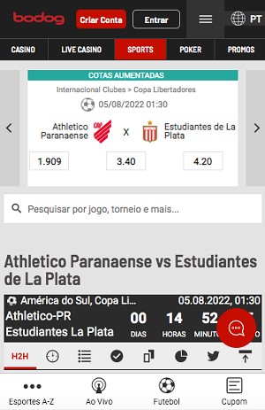 Odds Bodog para jogo Athletico Paranaense x Estudiantes pela Libertadores.