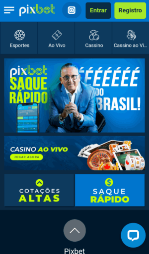 Tela Pixbet homepage para app