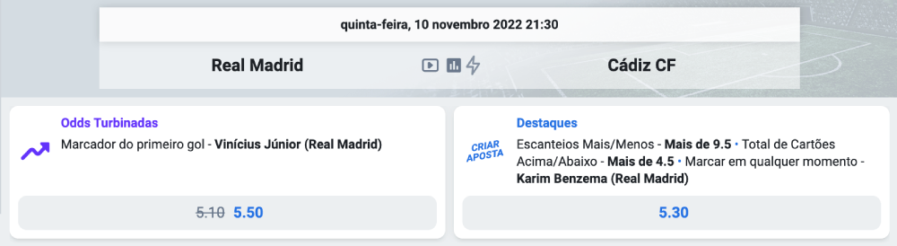 Super Odds para jogo entre Real Madrid e Cádiz LaLiga